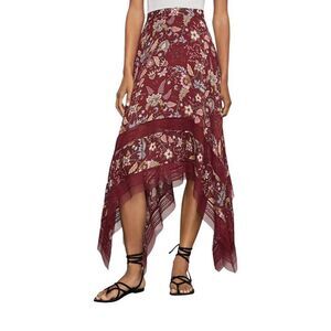 BCBGMAXAZRIA Floral Handkerchief-Hem Skirt Deep Red Size S